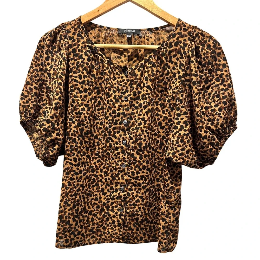 Madewell‎ Leopard Print Puff Sleeve Top Womens Size S Brown Excellent Condition